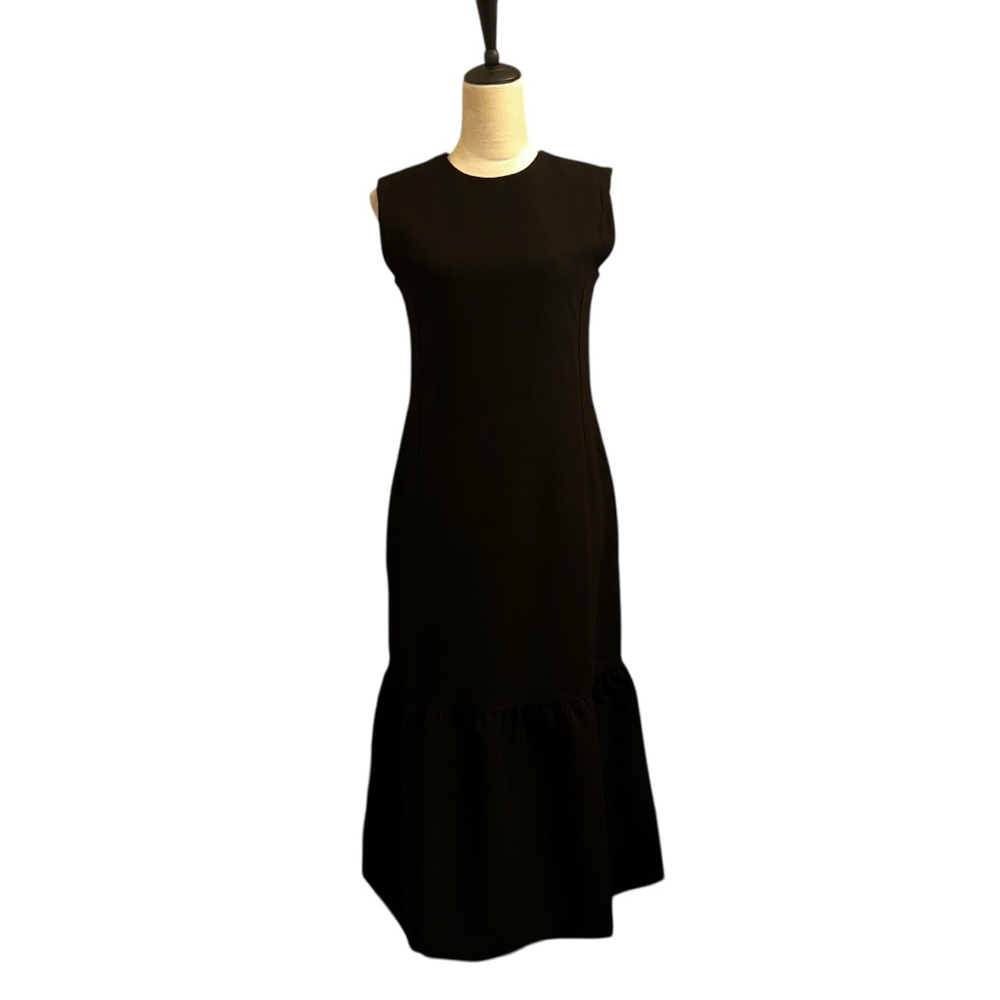 Sleeveless Black Peplum Midi Dress Fitted Flare Hem Minimalist Chic Medium M